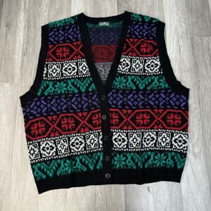 Vintage Button Front V-Neck Sweater Vest Striped Black Green White Red Purple